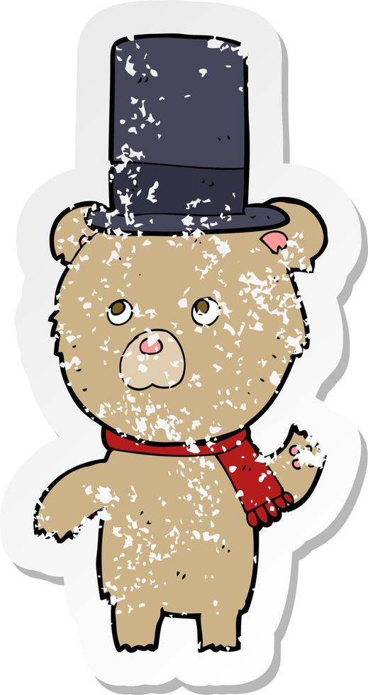 pegatina retro angustiada de un oso de dibujos animados con sombrero vector