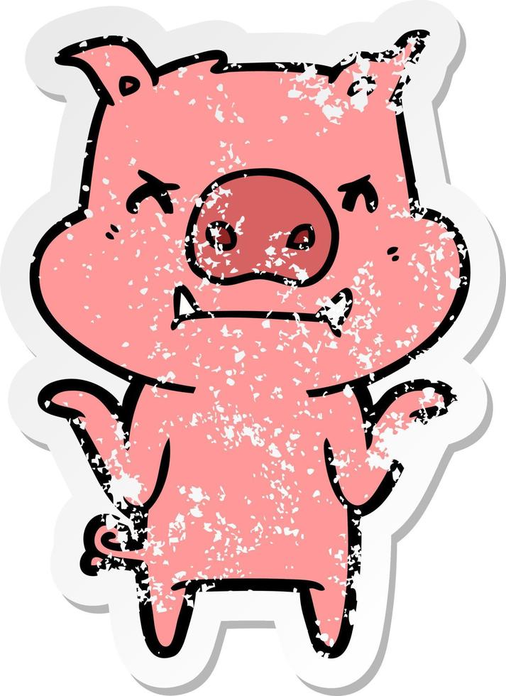 distressed sticker of a angry cartoon pig shrugging shoulders vector