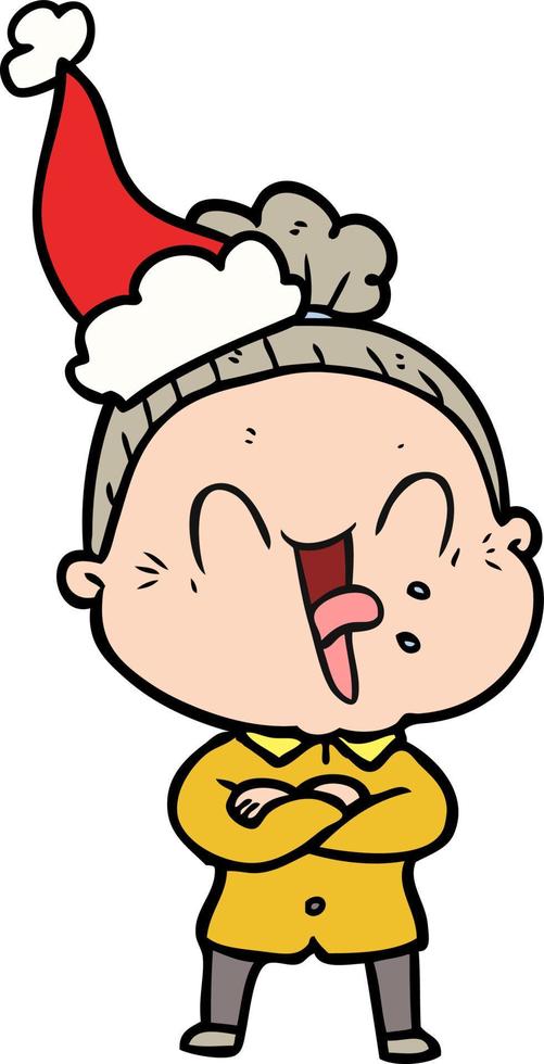 line drawing of a happy old woman wearing santa hat vector