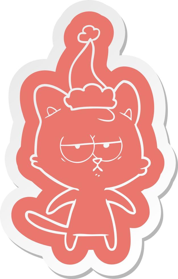 bored cartoon  sticker of a cat wearing santa hat vector