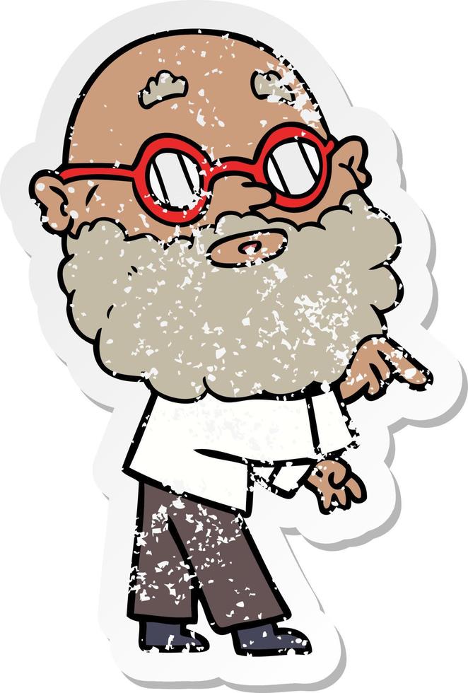 distressed sticker of a cartoon curious man with beard and glasses vector