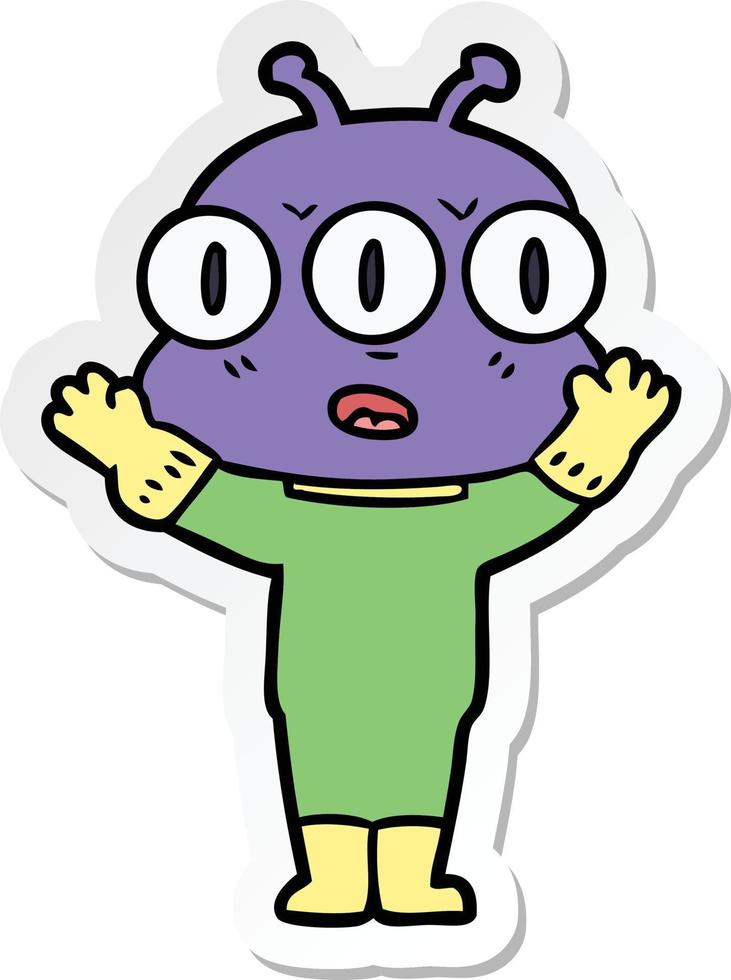 sticker of a cartoon three eyed alien vector