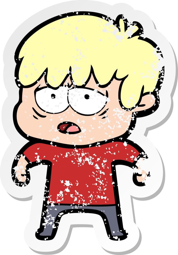 pegatina angustiada de un niño exhausto de dibujos animados vector