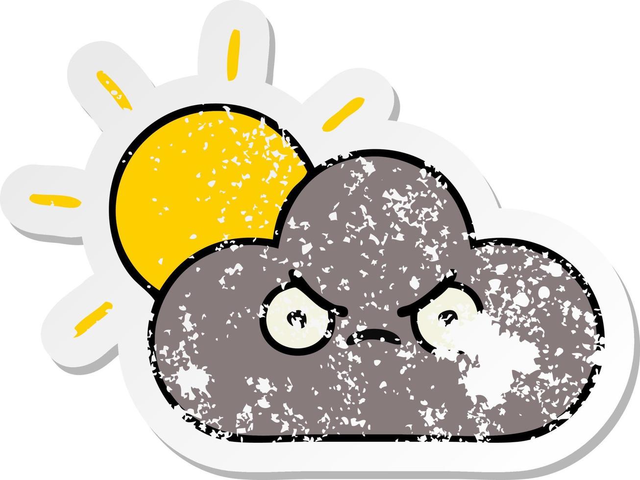 distressed sticker of a cute cartoon storm cloud and sun vector