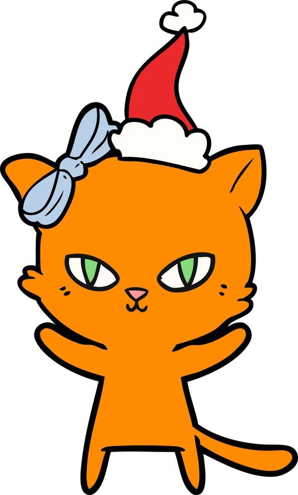 lindo dibujo lineal de un gato con gorro de Papá Noel vector