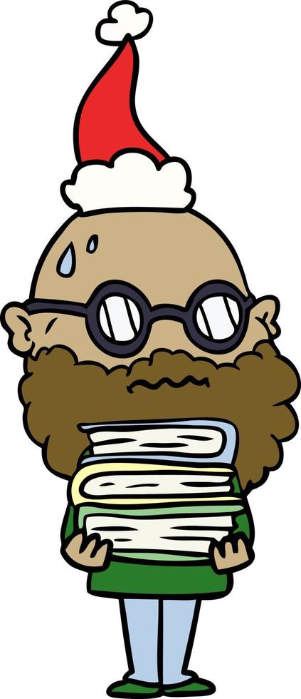 line drawing of a worried man with beard and stack of books wearing santa hat vector