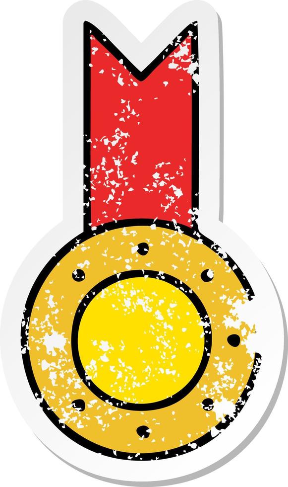 distressed sticker of a cute cartoon gold medal vector