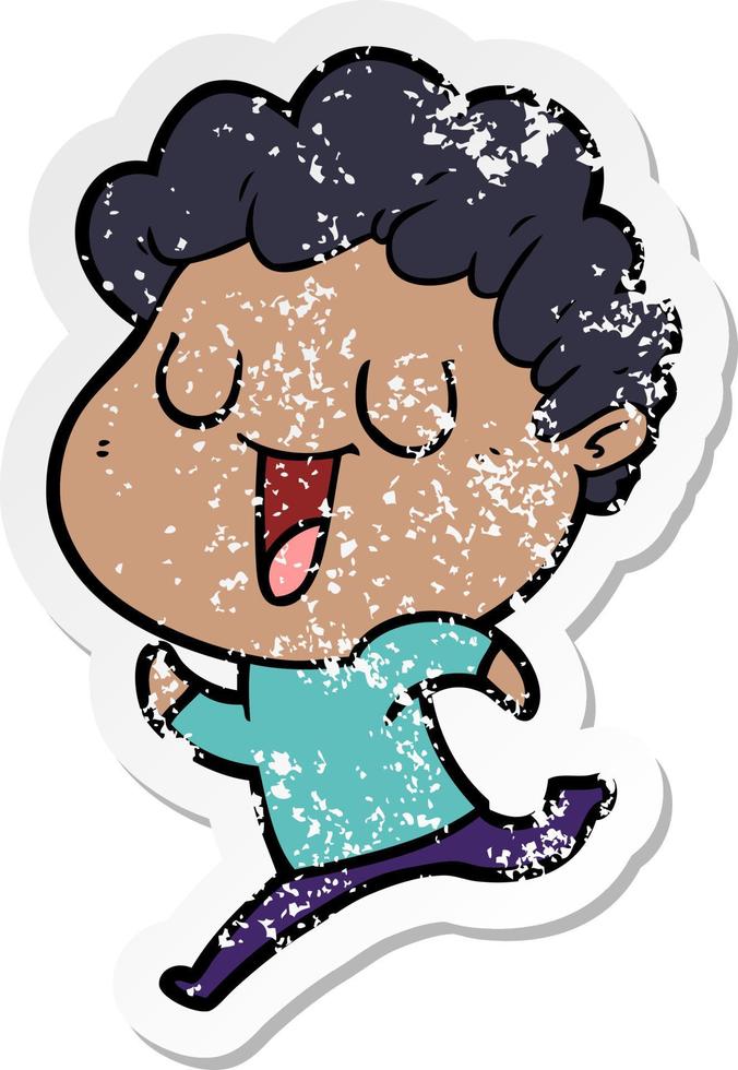 distressed sticker of a laughing cartoon man running vector