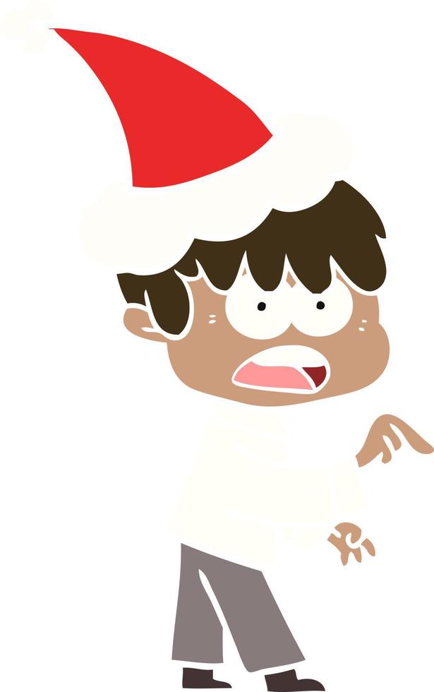 worried flat color illustration of a boy wearing santa hat vector