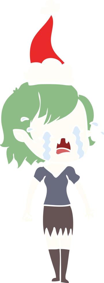 flat color illustration of a crying vampire girl wearing santa hat vector