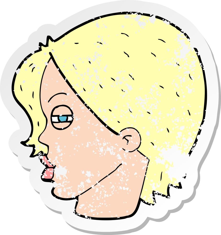 retro distressed sticker of a cartoon female face with narrowed eyes vector