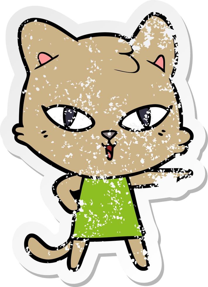 distressed sticker of a cartoon cat in dress pointing vector