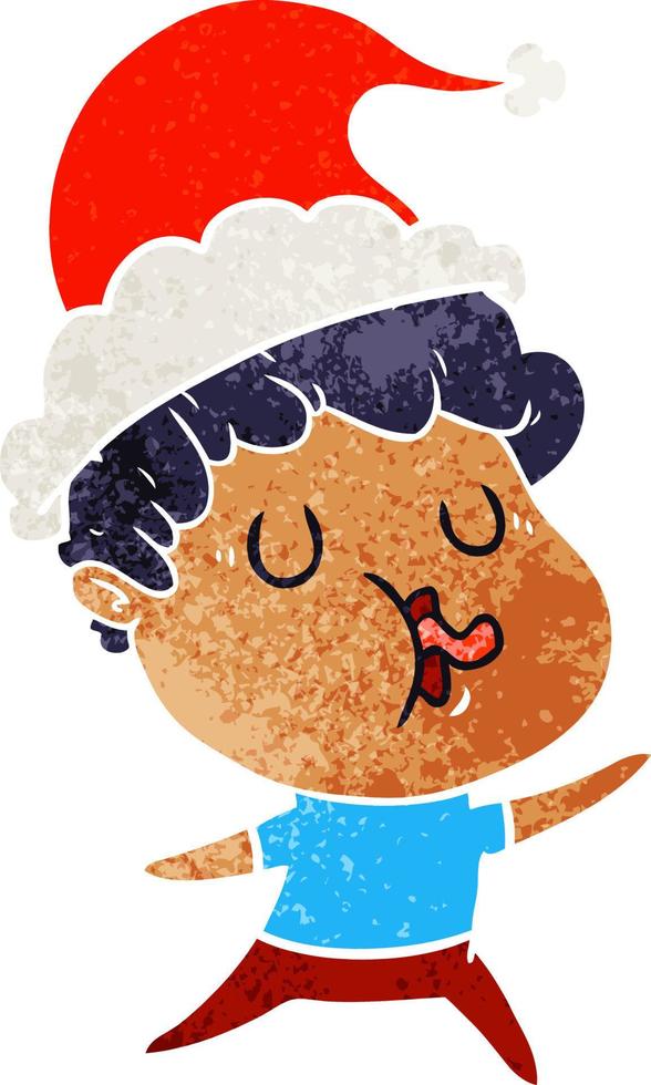 retro cartoon of a man singing wearing santa hat vector