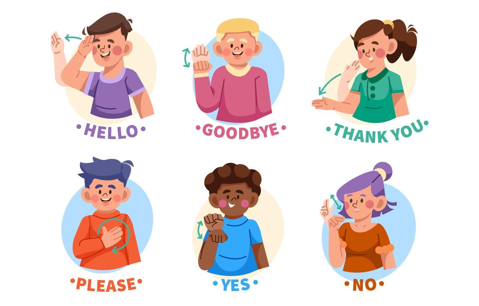 Collection of Characters Demonstrating ASL Language About Greetings And Thank You vector