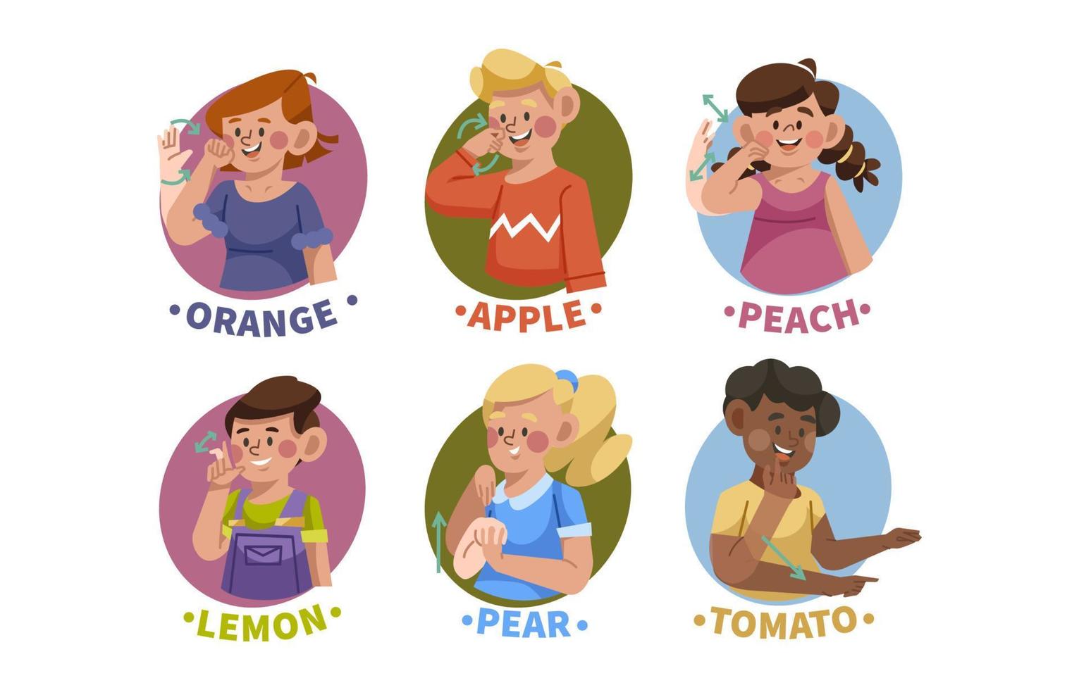 colección de personajes que demuestran asl sobre frutas vector