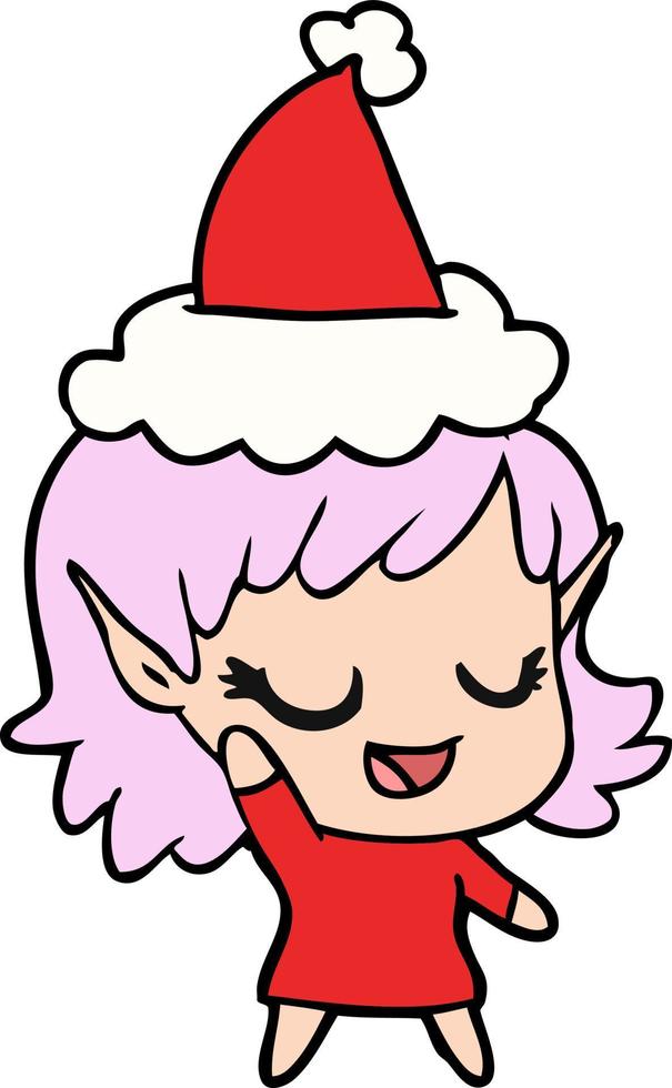 happy line drawing of a elf girl wearing santa hat vector