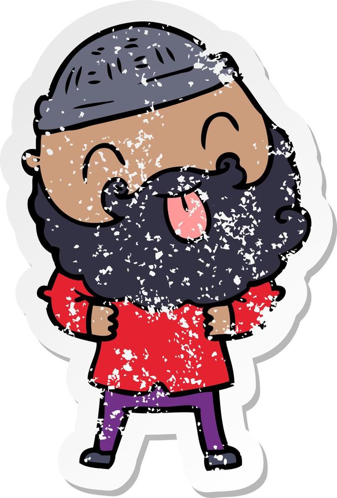 distressed sticker of a man with beard sticking out tongue vector