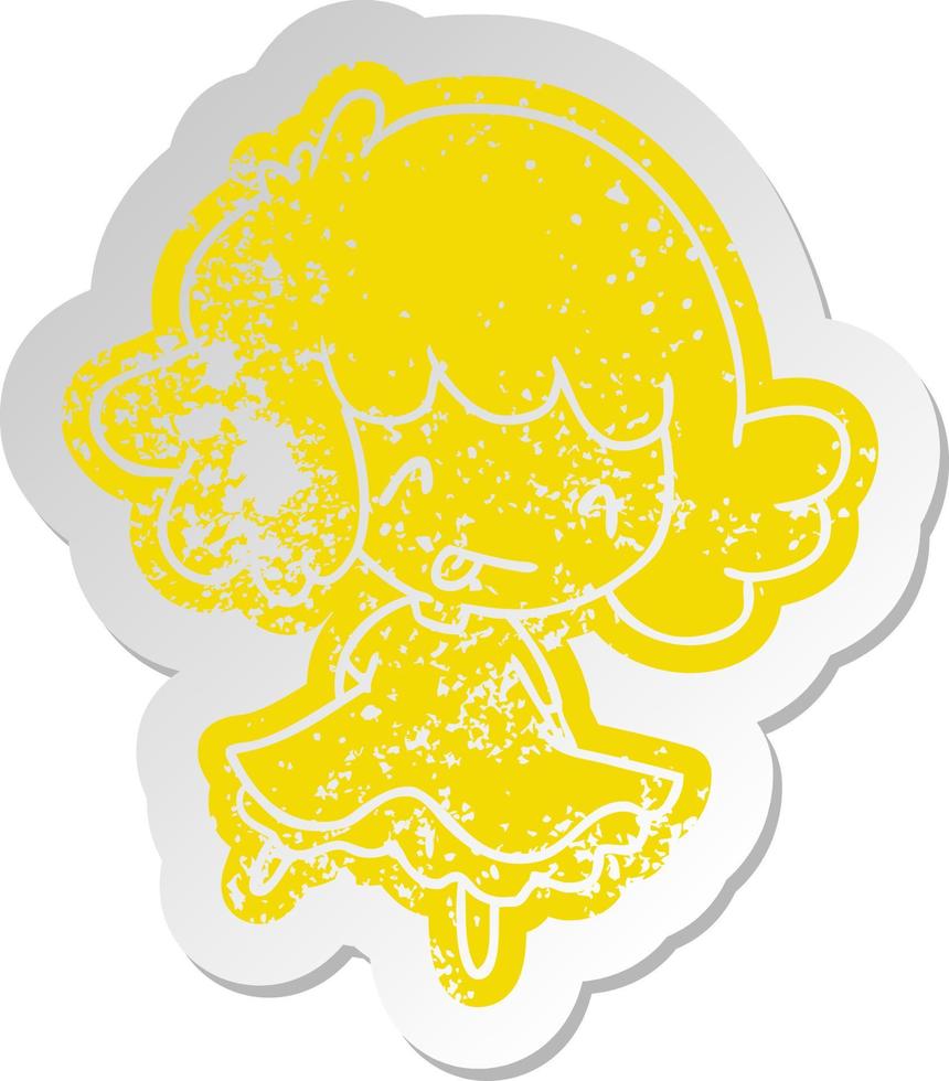 distressed old sticker of a cute kawaii girl vector