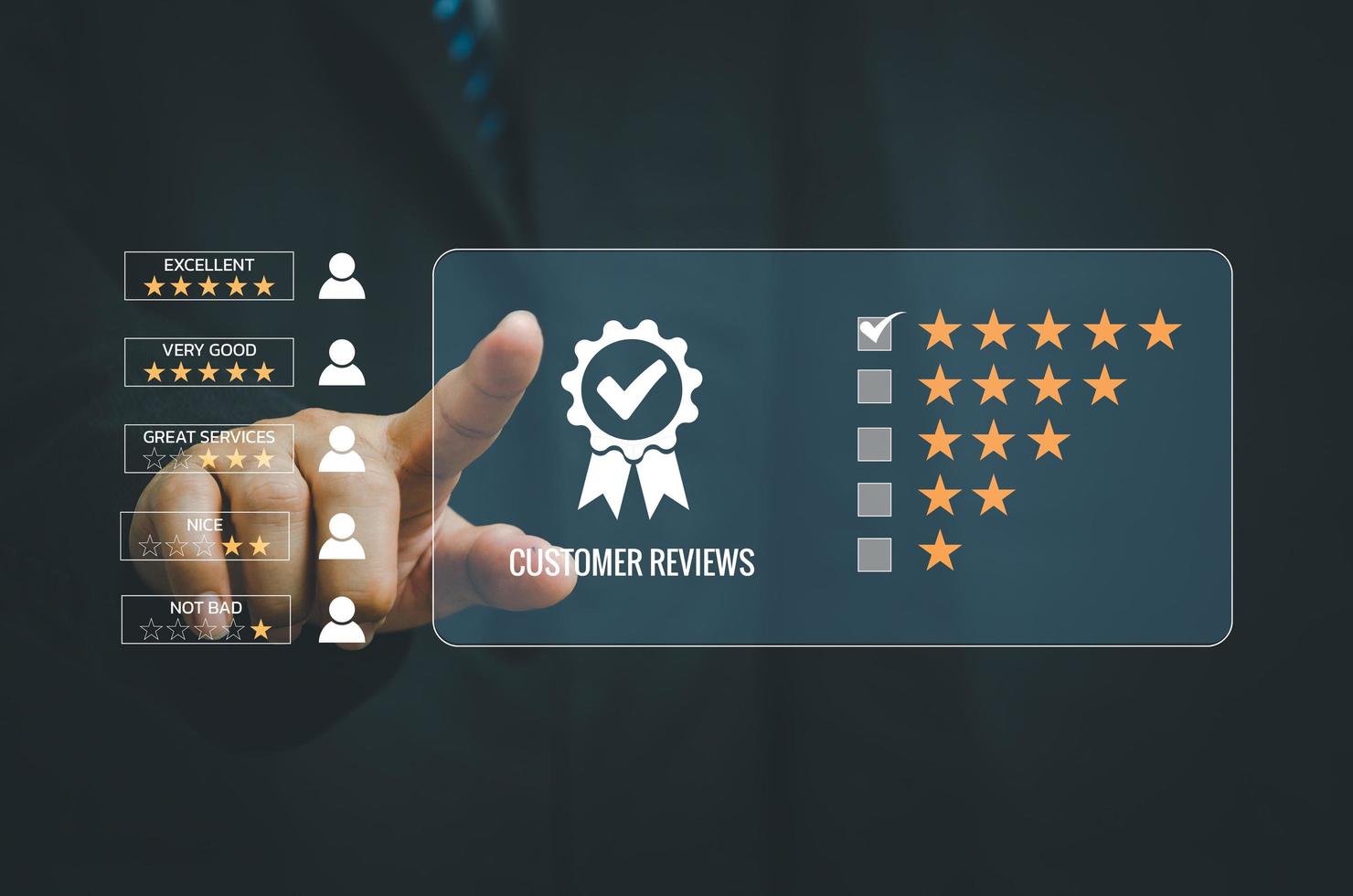 Customer service experience and business satisfaction survey popup five star icon for feedback review satisfaction service. photo