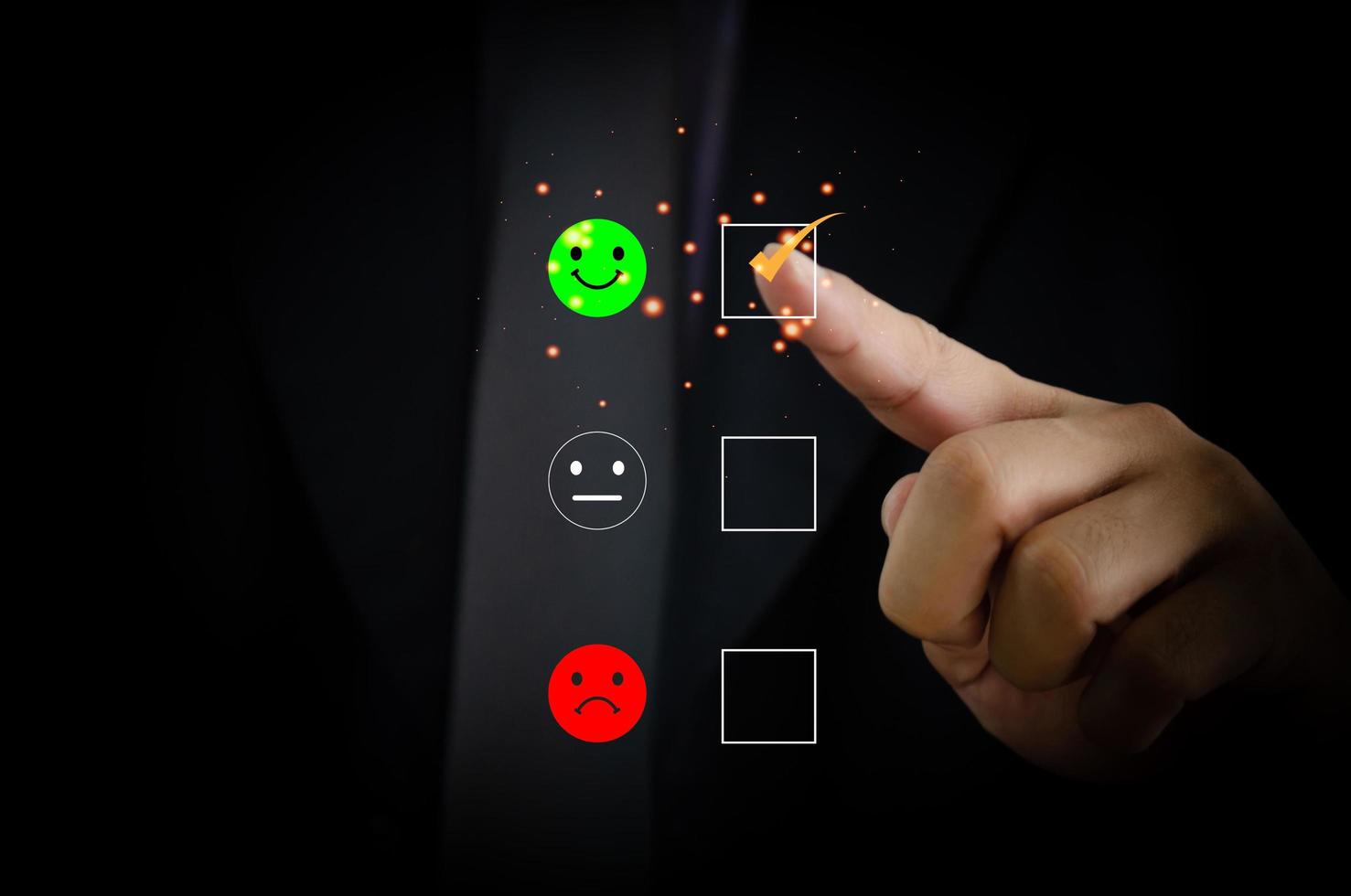 Business satisfaction survey customer service experience concept.Happy Businessman choose to rating checked box on Excellent Smiley Face Rating for a Satisfaction Survey. photo