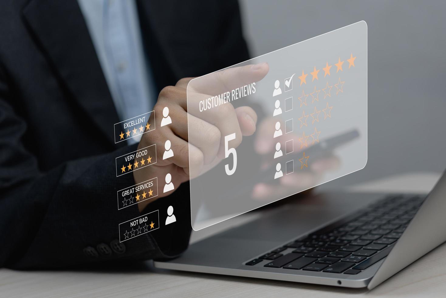 Customer service experience and business satisfaction survey popup five star icon for feedback review satisfaction service. photo