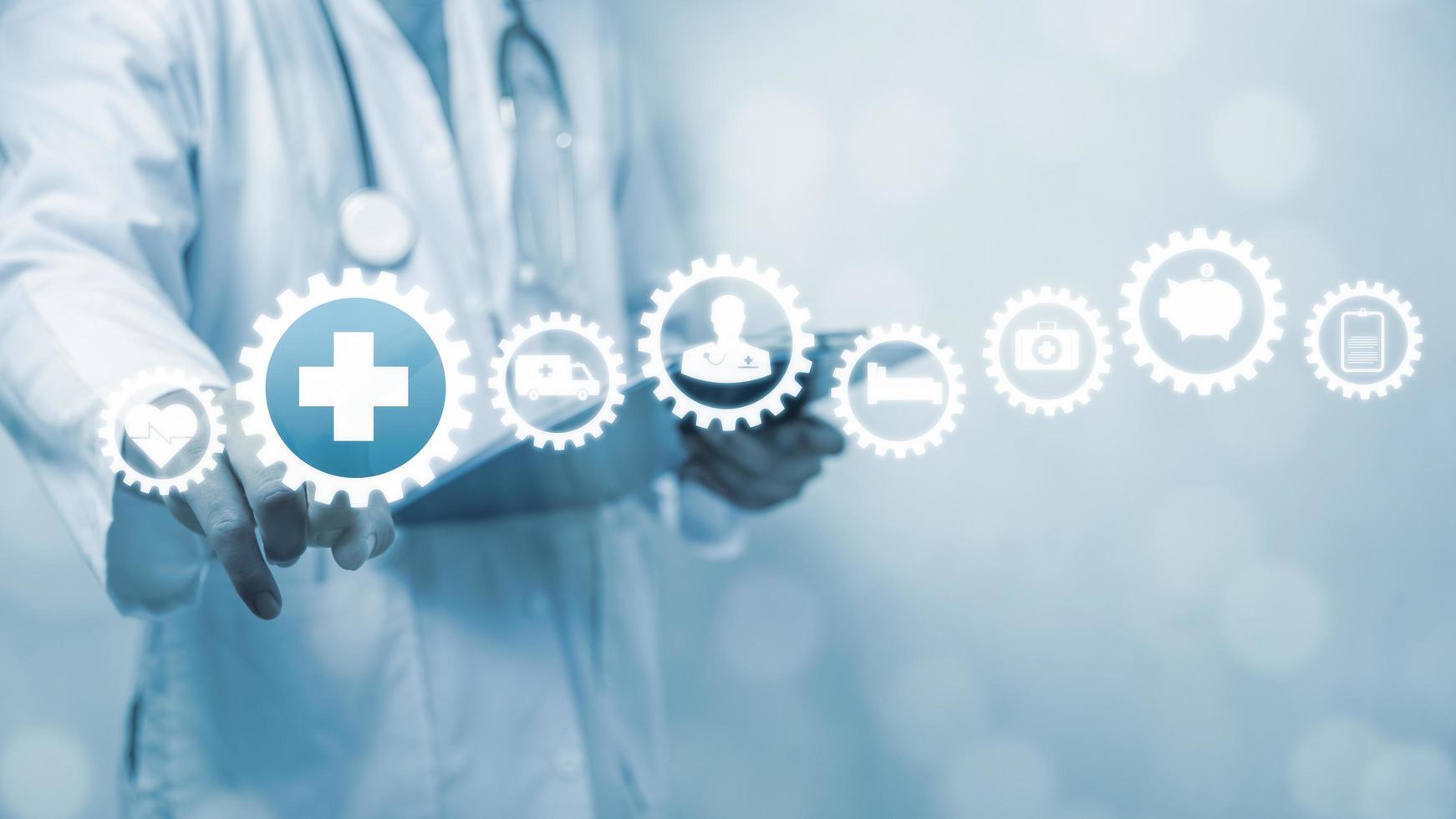 Doctor touching a button Health insurance concept with protection, risk, and security on a virtual screen and medical on background. photo