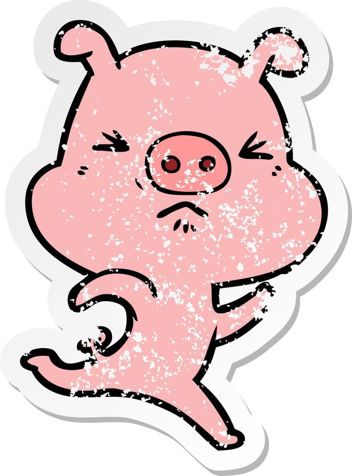 distressed sticker of a cartoon annoyed pig running vector