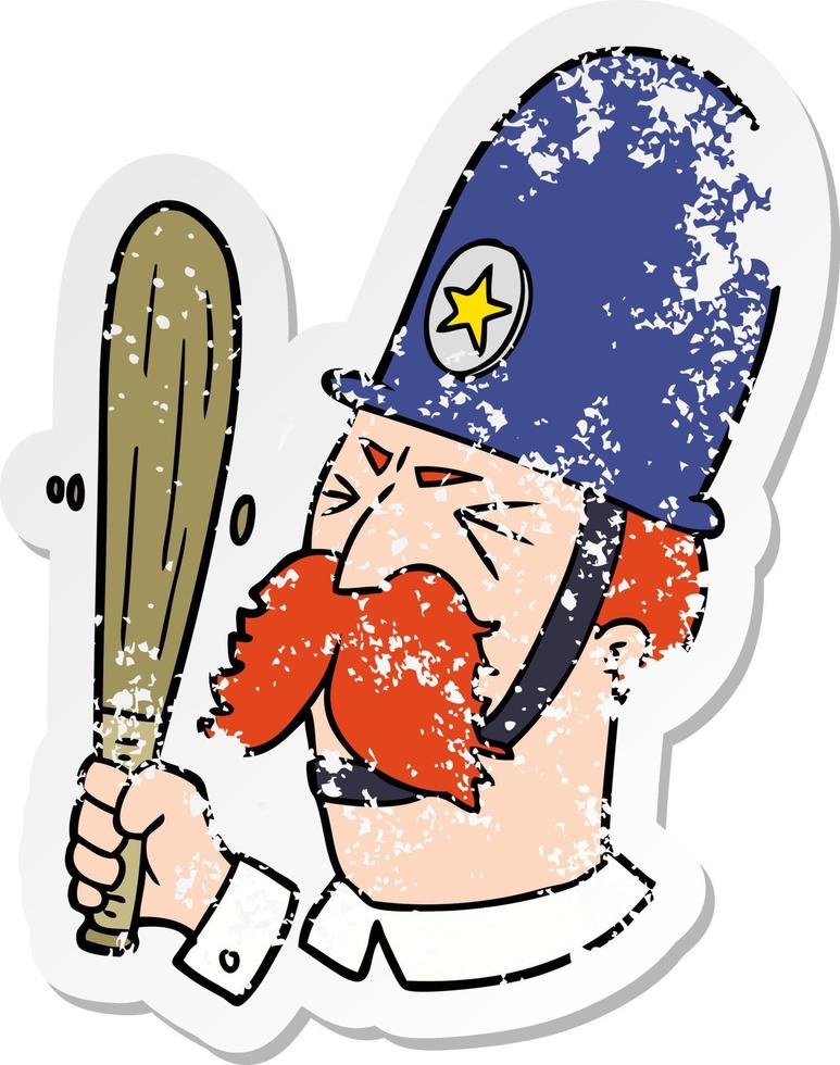 distressed sticker of a cartoon policeman waving baton vector