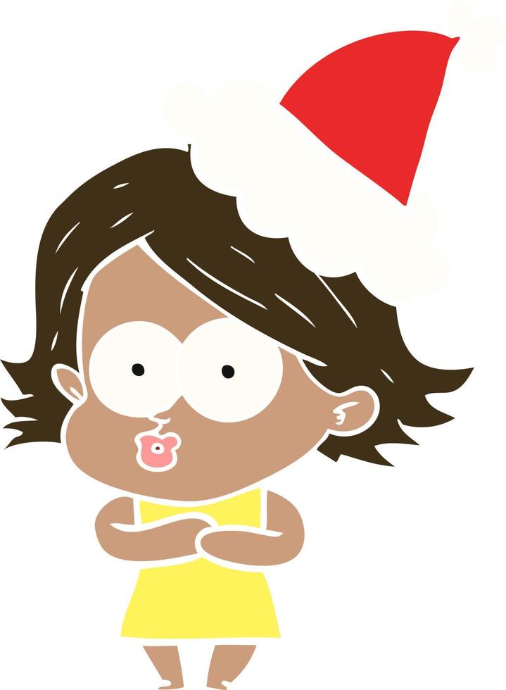 flat color illustration of a girl pouting wearing santa hat vector