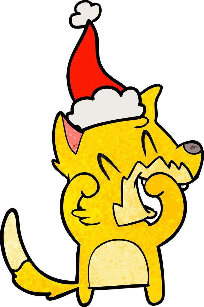 laughing fox textured cartoon of a wearing santa hat vector