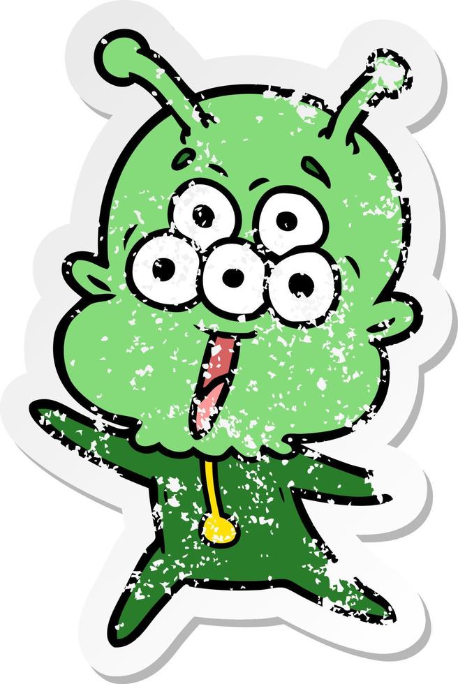 distressed sticker of a happy cartoon alien vector