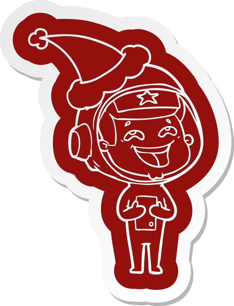 cartoon  sticker of a laughing astronaut wearing santa hat vector