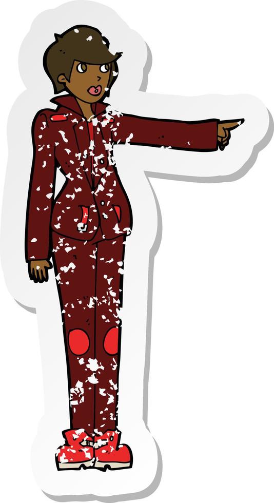retro distressed sticker of a cartoon woman in leather jacket pointing vector