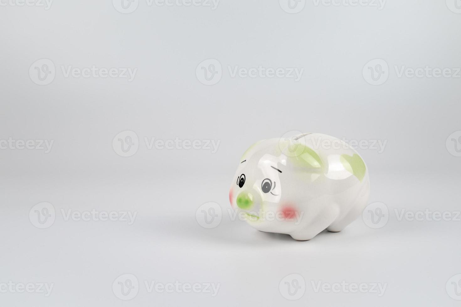 Sad White green and pink piggy back in front of white background. photo