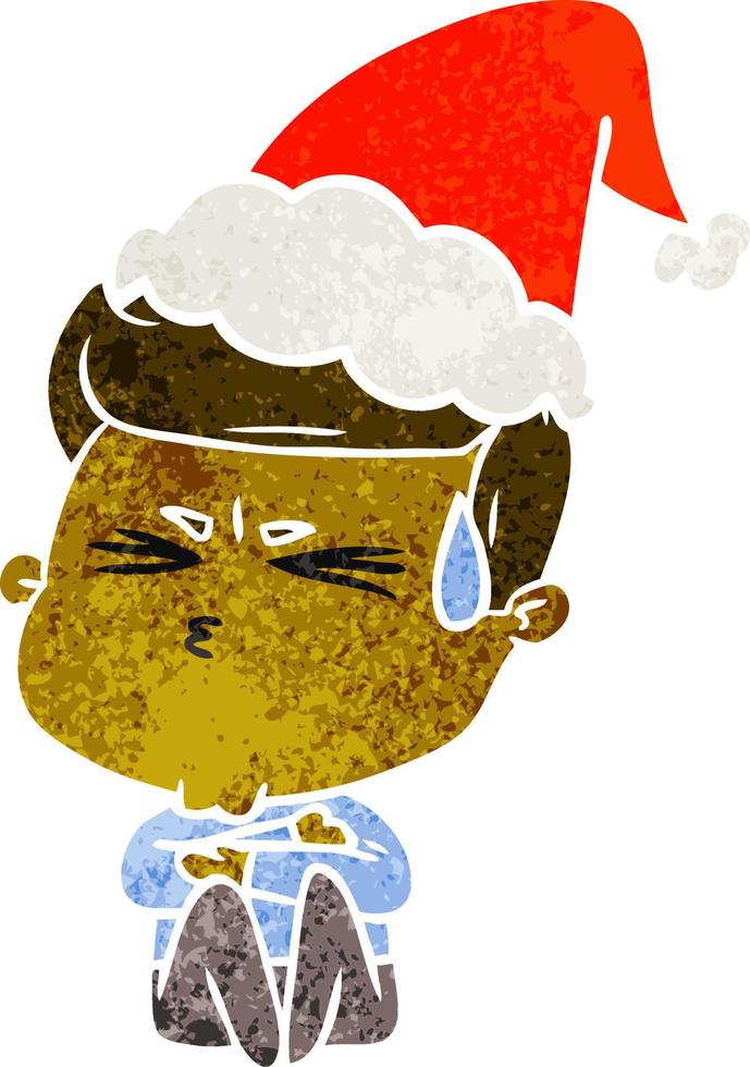 retro cartoon of a man sweating wearing santa hat vector