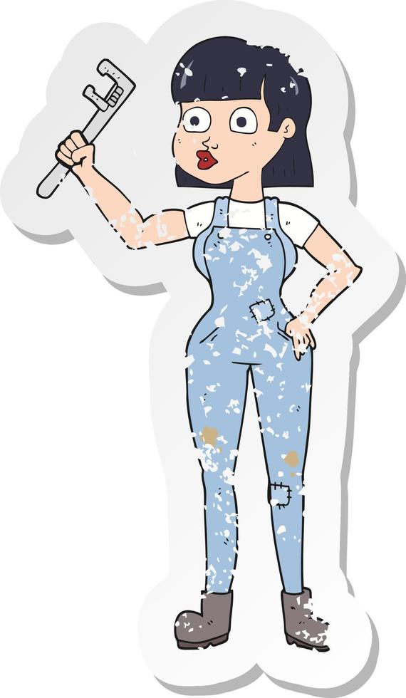 retro distressed sticker of a cartoon female plumber vector