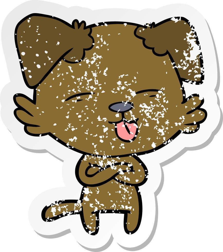 distressed sticker of a cartoon dog sticking out tongue vector