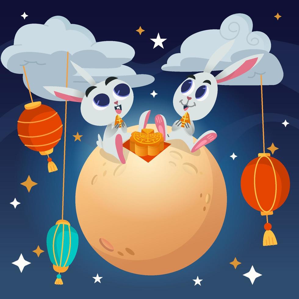 Two Rabbits Eating Mooncake on Moon Concept vector