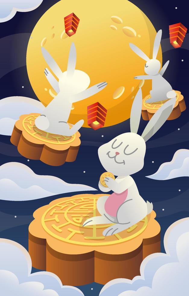 conejito volando a la luna con un pastel de luna vector