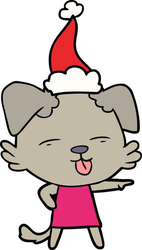 line drawing of a dog sticking out tongue wearing santa hat vector