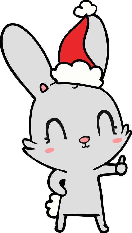 cute line drawing of a rabbit wearing santa hat vector