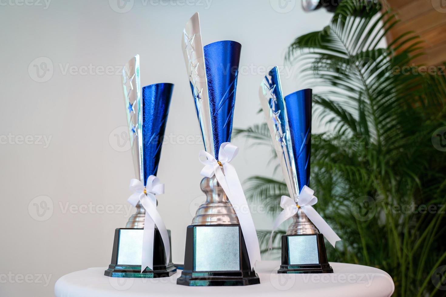 Three Trophies on circle white table with tree leaf background in Seminar hall. photo