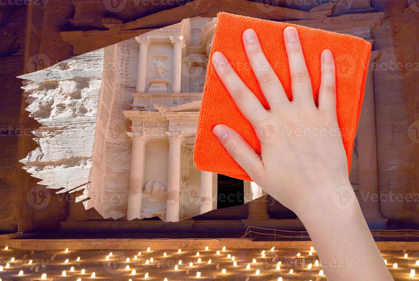 hand deletes night view of Petra by orange rag photo
