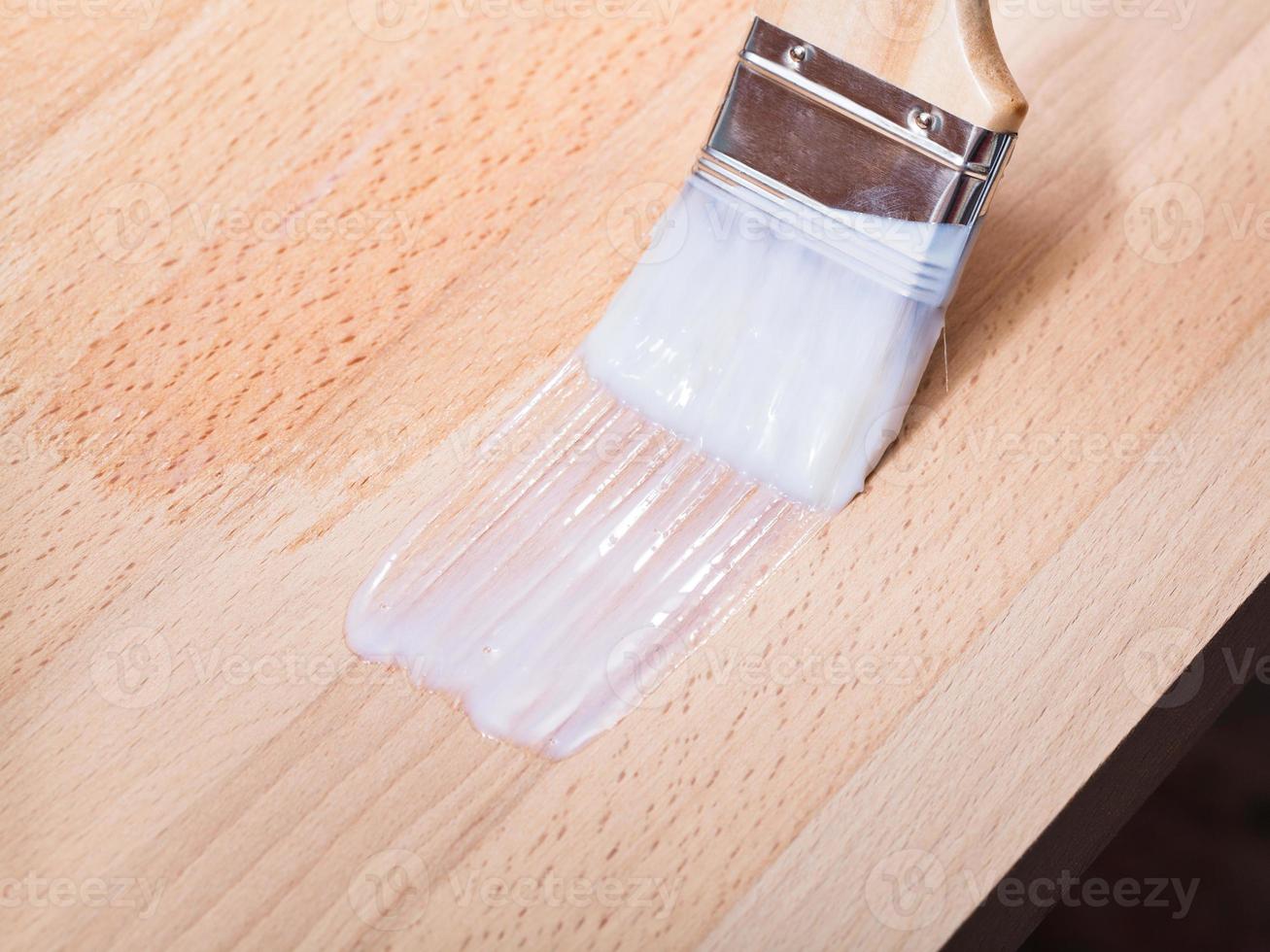 putting varnish on surface of beech top table photo