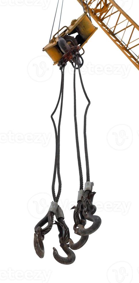 lifting hooks of crane boom isolated on white photo