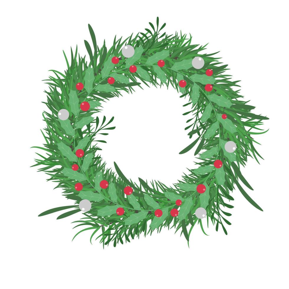 Christmas Wreath of pine branches decorated with Berries. Isolated on white background vector illustration. Abstract holiday banner, poster.