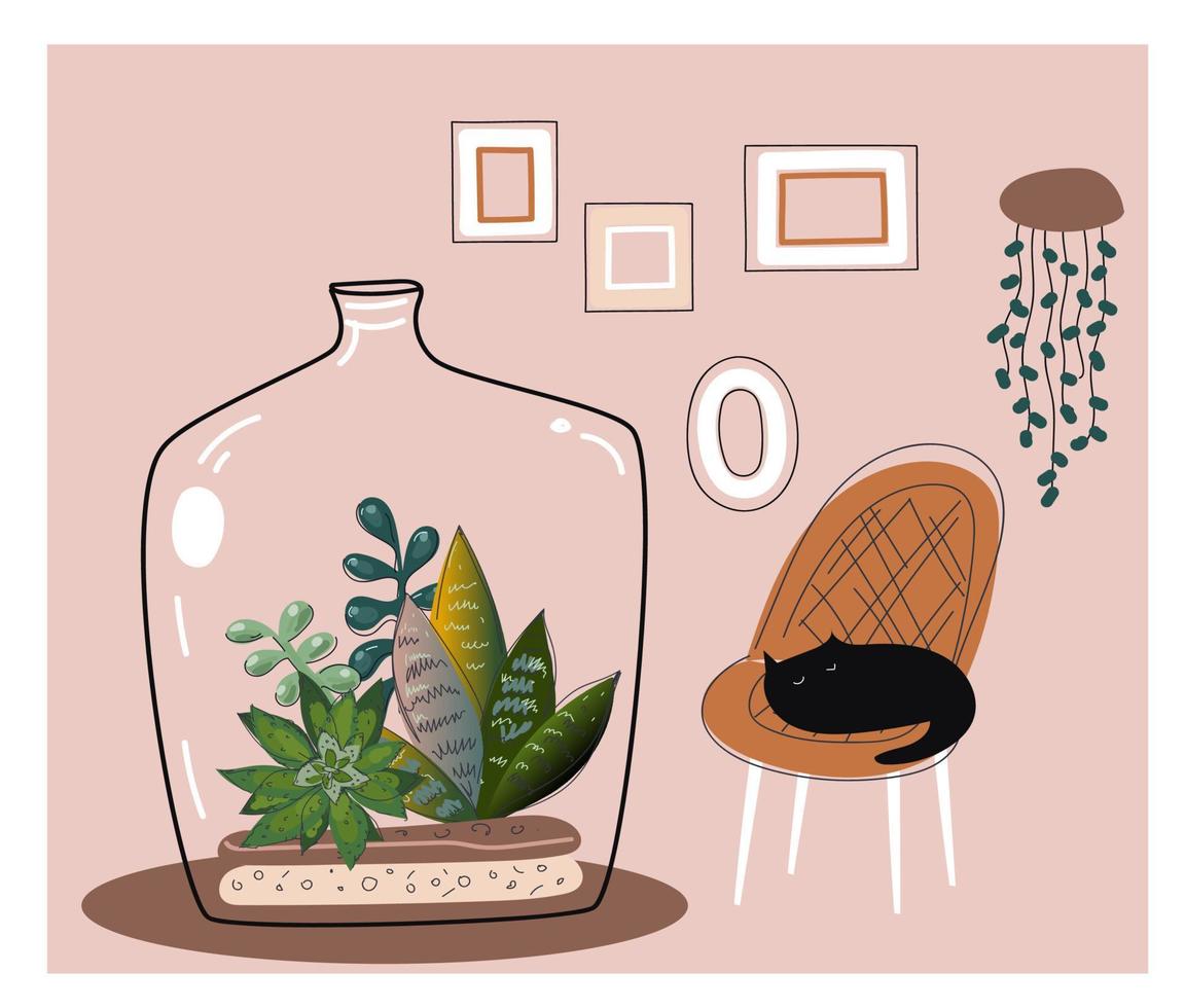 acogedora casa con muchas plantas y animales. arte de estilo de fideos vectoriales. vector