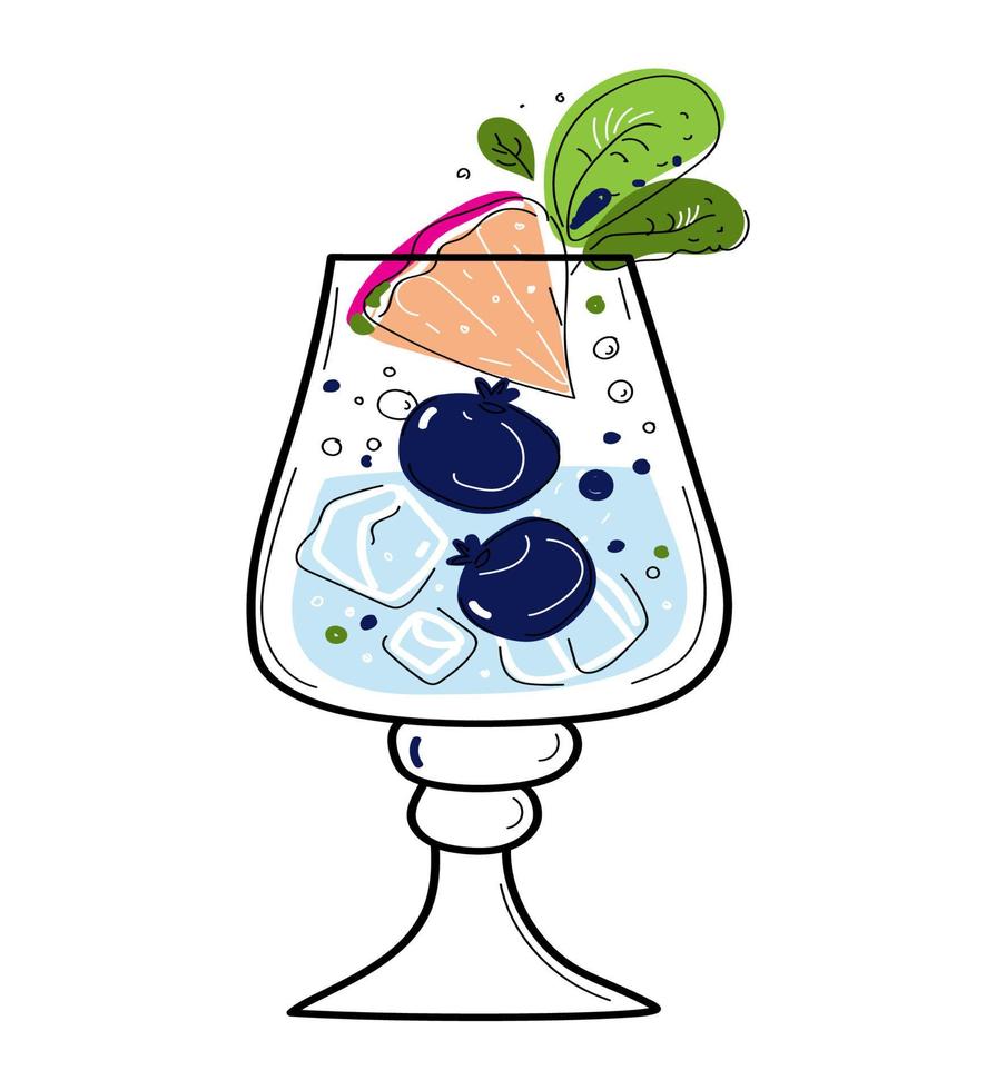 Hard seltzer cocktail with orange, berries and mint in glasses. vector doodle sketch set illustration