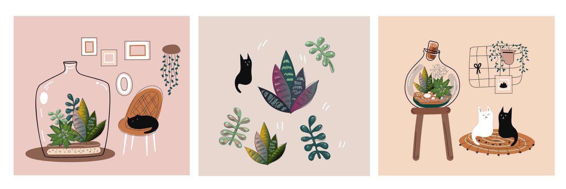 acogedora casa con muchas plantas y animales. arte de estilo de fideos vectoriales. vector