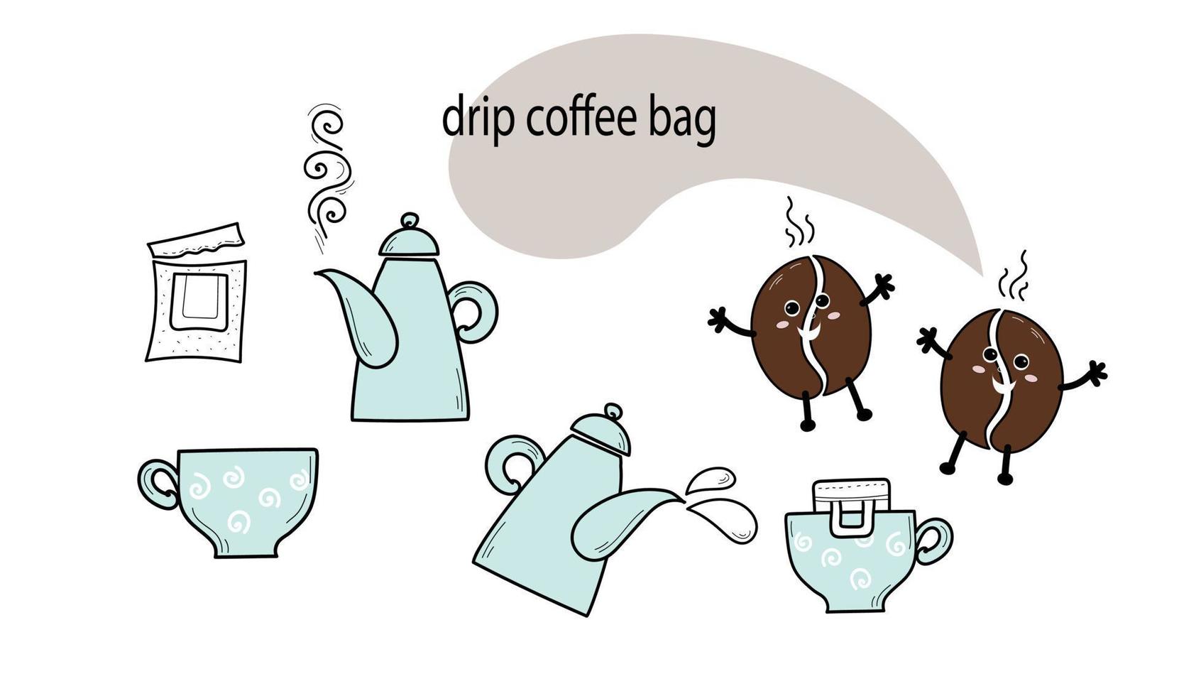 Drip coffee bag for easy brewing in a cup. Set of vector hand drawn icons, doodle isolated illustration on white background. Instructions for making fresh coffee drink